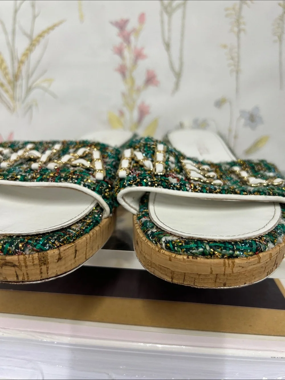 CHANEL Green Tweed Espadrille Slide Sandals with Gold Chain Logo